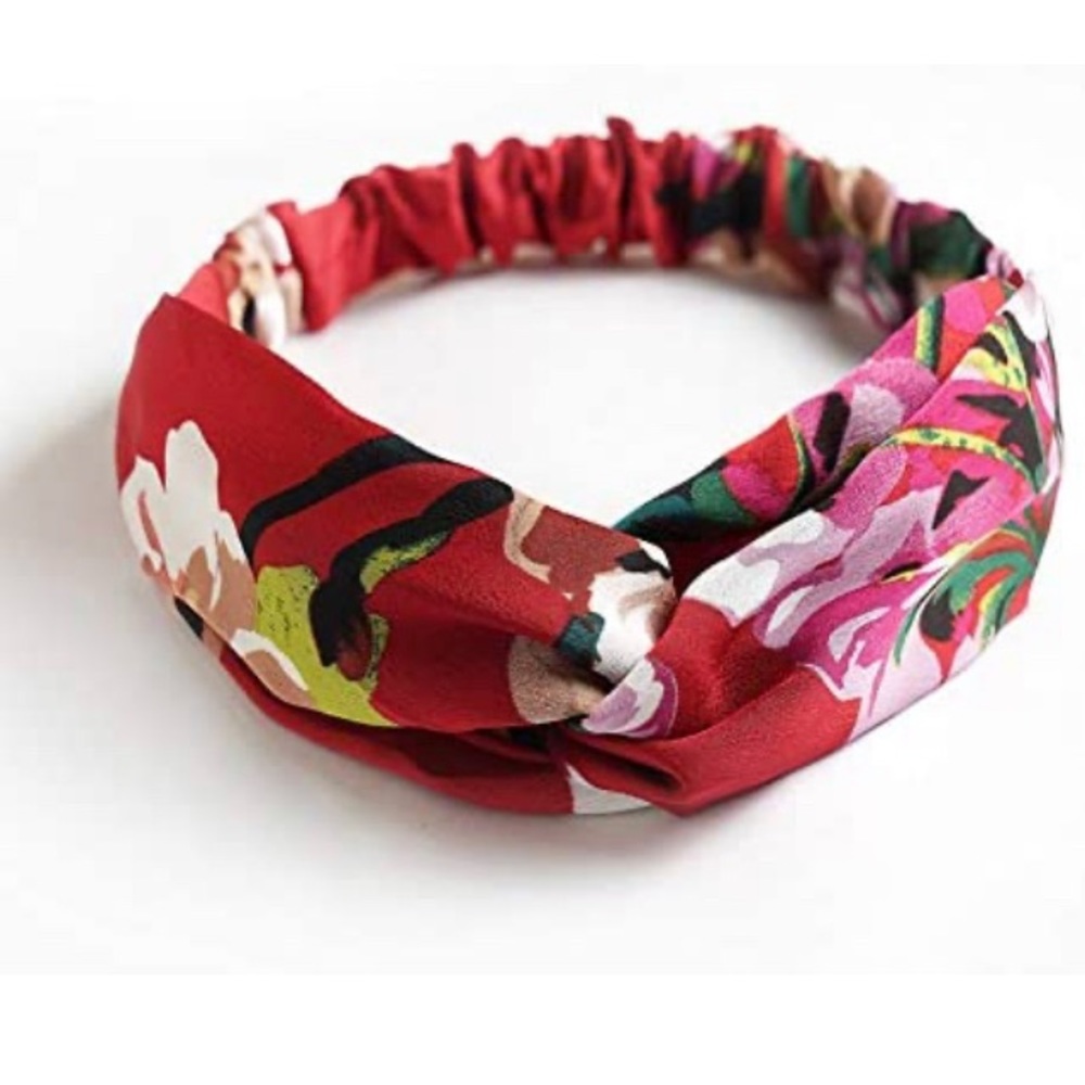 Red Floral Silk Elastic Headband